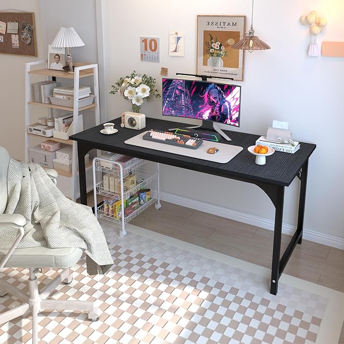 47'' Computer Desk with Deeper Desktop, Home Office Desk Workstation with Sturdy Metal Frame, Modern Simple Desk for Gaming Studying Writing, Black