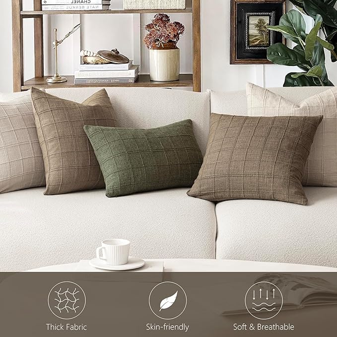 Foindtower Set of 2 Decorative Linen Check Throw Pillow Covers Neutral Farmhouse Vintage Cushion Covers Modern Boho Home Decor for Sofa Chair Couch Bedroom Living Room,24×24 Inch,Light Brown