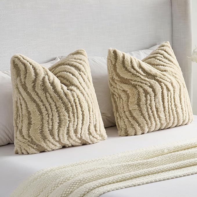 FUTEI Beige Decorative Throw Pillow Covers 18x18 Inch Set of 2,Soft Faux Fur Geometric Shapes Texture Cushion Case,Boho Home Decor for Couch Bed Living Room