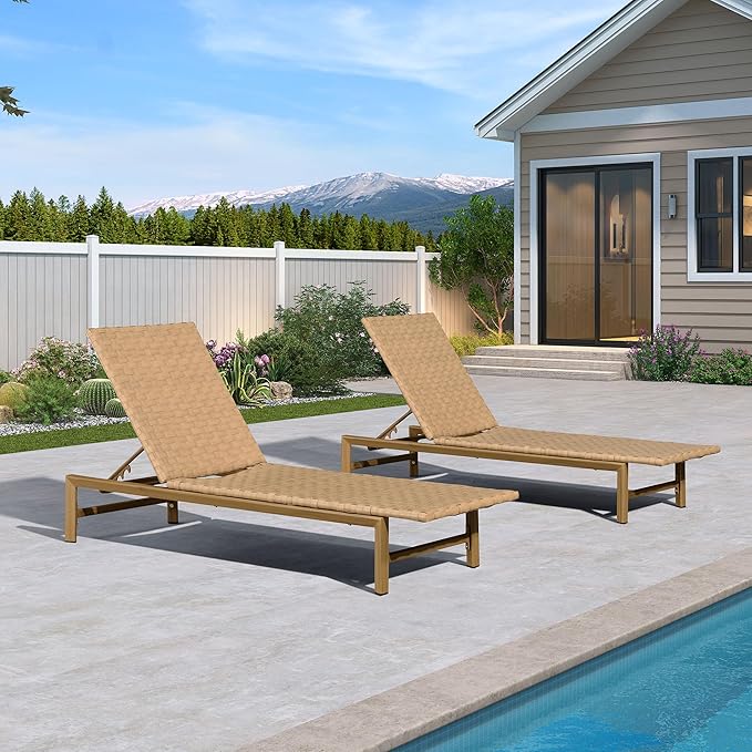 PURPLE LEAF Patio Chaise Lounge Rattan Chair Outdoor Pool Adjustable Recliner Wicker Lounger for Outside Woven Furniture Tanning Poolside Lounger Sand Brown