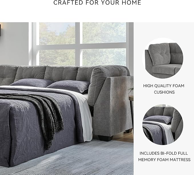 Signature Design by Ashley Marleton Contemporary Left-Arm Facing Tufted 2-Piece Sleeper Sectional with Chaise, Loose Seat Cushions and Bi-Fold Memory Foam Mattress, Full, Light Gray