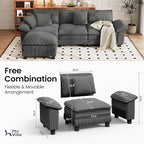 PHI VILLA Cloud Modular Couch Sets, 123.6" Sectional Sofa with L-Shaped Chaise, 4-Seater Upholstered Couches with Movable Ottoman for Living Room, Corduroy Fabric, Grey