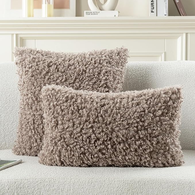 FUTEI Khaki Decorative Throw Pillow Covers 18x18 Inch Set of 2,Soft Fluffy Faux Wool Fur Boucle Textured Cushion Case,Modern Home Decor for Couch Bed Living Room Office