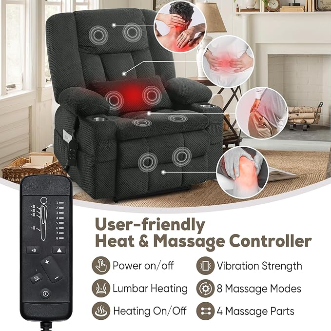 ABCASA Oversized Dual Motor Lay Flat Power Lift Recliner Chair, Massage Recliner Chairs with Heat, Lumbar Pillow, USB & Type-C Ports, Oversized Recliner for Big & Elderly People for Living Room - Grey