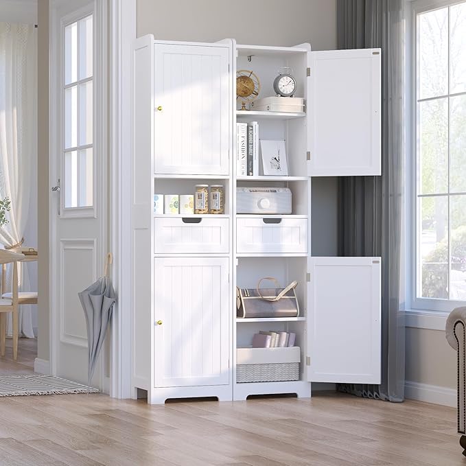 Tall Bathroom Storage Cabinet, 67" Narrow Storage Cabinet with Adjustable Shelves 2 Doors and 1 Drawers Modern Cabinet for Bathroom, Entryway, Living Room, Kitchen (White)