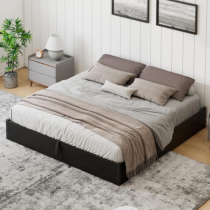 Lift Up Storage Bed Frame, Full Size Wooden Platform Bed with Large Storage Underneath, No Box Spring Needed, Noise Free, Black