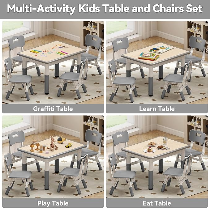 Kids Study Table and Chairs Set, Height Adjustable Toddler Table and Chair Set for Kids Ages 3-8, 31.5" L x 23.6" W Graffiti Desktop Plastic Children Art Table with 4 Seats, Grey