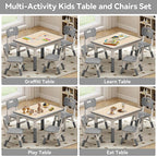 Kids Study Table and Chairs Set, Height Adjustable Toddler Table and Chair Set for Kids Ages 3-8, 31.5" L x 23.6" W Graffiti Desktop Plastic Children Art Table with 4 Seats, Grey