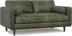 SIMPLIHOME Morrison 72-inch Wide Sofa in Moss Green Genuine Leather, Mid-Century Modern-Style Loveseat for Living Room, Single Bench Cushion, Removable Back Cushions, 2 Bolster Pillows