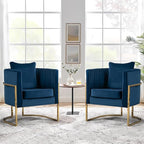 Velvet Accent Chairs Set of 2, Mid Century Modern Upholstered Armchair with Pillow for Living Room, Comfy Barrel Single Vanity Chair with Metal Gold Legs for Bedroom, Blue
