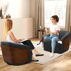 Swivel Accent Chair Faux Leather Swivel Barrel Chair Comfortable Mid Century Modern Chair Upholstered Metal Base Armchair for Living Room Bedroom Office Large Vintage Black