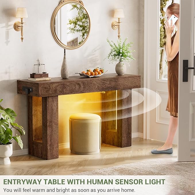Unikito 47" Entryway Table with Socket and Sensor Light, Narrow Console Table with Storage Behind Couch, Farmhouse Entry Way Tables with Open Storage for Entrance/Hallway/Living Room, Rustic Oak
