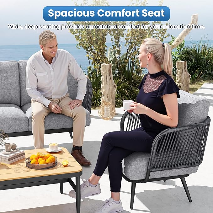 6 Piece Outdoor Patio Furniture Set, Outdoor 5-Seat Sofa with Coffee Table, Waterproof Thick Cushion Patio Conversation Set, All Weather Outdoor Couch Set for Deck, Lawn, Balcony, Porch