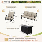 Patio Furniture Set with Firepit Table, 4 Pcs Metal Outdoor Conversation Set, 2 Rocking Chairs and 3 Seater Sofa with 5.75" Extra Thick Cushion and Gas Fire pit Table for Backyard Deck, Beige