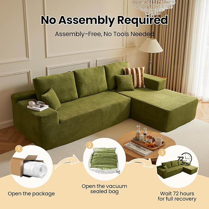 104" Cloud Sectional Couch with Chaise, Boneless L-Shaped Cloud Couch with Deep Seat, Modern Minimalist Sofa, Assembly Free Comfy Sofa for Office Living Room Study Room Apartment(Green, Right Chaise)