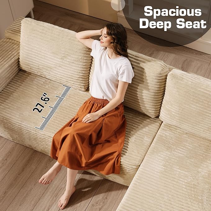 Weaxty Cloud Sectional Couch for Living Room, Oversized U Shaped Boneless Couches, Plush Corduroy Memory Foam Deep Seat Floor Sofa, No Assembly Required，Beige