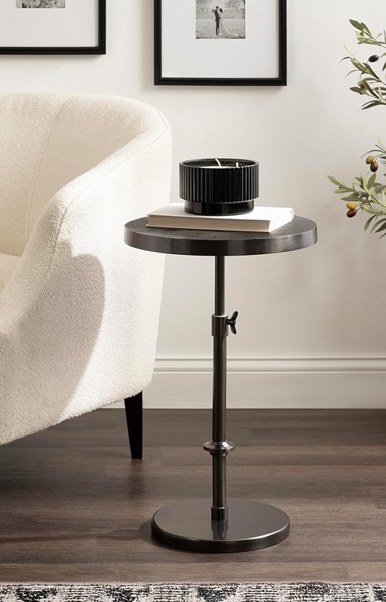 Kate and Laurel Engles Traditional Adjustable-Height Pedestal Side Table, 14 x 14 x 30, Metallic Black, Vintage Round Indoor Metal Plant Stand with Embossed Pattern for Use as Bedroom Nightstand