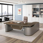 86.6" Reversible L-Shaped Adjustable Height Executive Desk with Oval Storage Cabinet - Black/Brown Standing Desk, Rounded Corners, 3 Drawers & 2 Door Compartments, Flexible Home & Office Workstation
