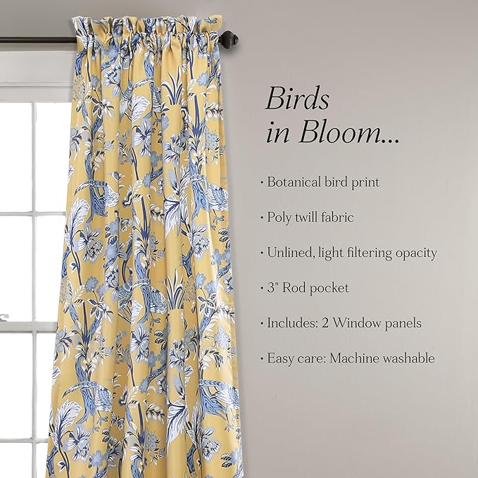 Lush Decor Dolores Light Filtering Window Panels, Pair, 52" W x 95" L, Yellow - Floral Curtains for Bedroom - Vintage Curtains - Coquette Room Decor