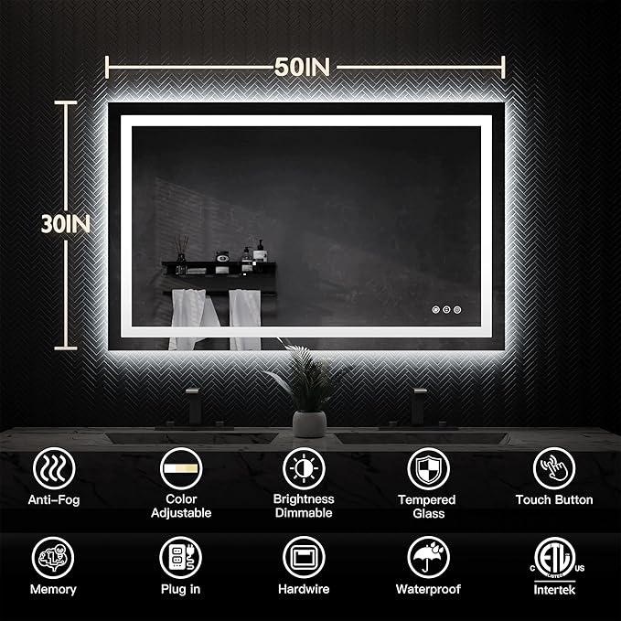 ISKM 50'' x 30'' LED Mirror for Bathroom Lighted Vanity Mirror for Wall Front Lights + Backlit LED Bathroom Mirror Anti-Fog Tempered Glass ETL Listed