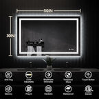 ISKM 50'' x 30'' LED Mirror for Bathroom Lighted Vanity Mirror for Wall Front Lights + Backlit LED Bathroom Mirror Anti-Fog Tempered Glass ETL Listed