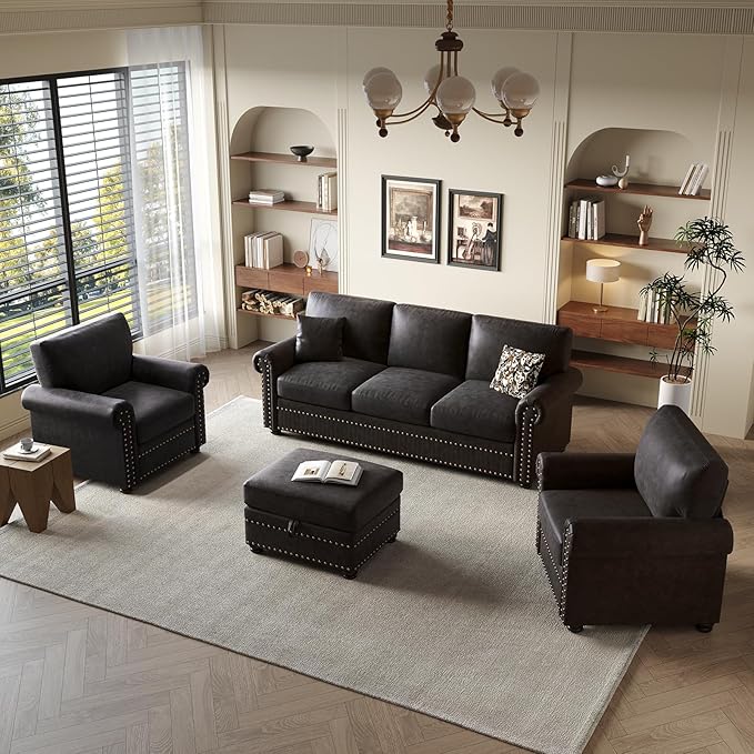 ONBRILL Nailhead Trim Accent Chair, Faux Leather Club Chair for Living Room, Comfy Armchair with Springs Cushions & Solid Wood Legs, Traditional Rolled Arms Single Sofa for Bedroom, Apartment, Black