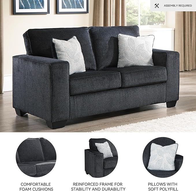 Signature Design by Ashley Altari Modern Loveseat with 2 Accent Pillows, Dark Gray