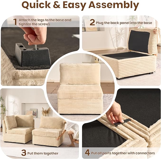 32.7'' Middle Seat for Modular Sectional Sofa, Deep Seat Upholstered Armless Chair Sleeper Sofas, L/U/V Shaped Plush Corduroy Cloud Couch for Living Room Apartment, Beige