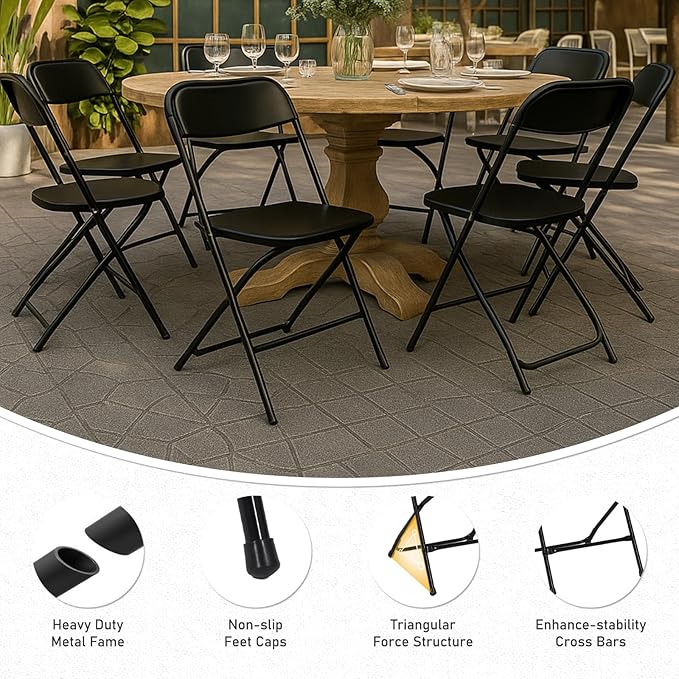 10 Pack Black Plastic Folding Chairs for Outside, Portable Stackable Commercial Metal Foldable Chairs with Steel Frame for Home Events Office Wedding Party, 350lbs Capacity