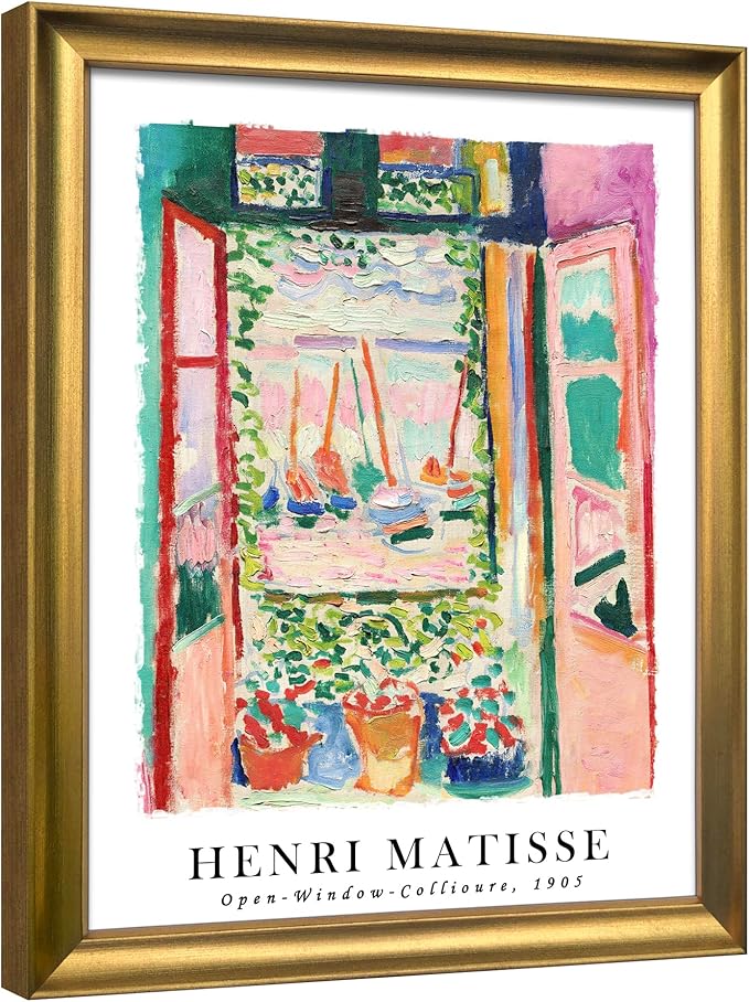 Wieco Art Framed Wall Art Open Window Collioure 1905 by Henri Mattise Abstract Colorful Art Matisse Posters Canvas Prints for Wall and Home Office Decorations Bronze Gold Frame