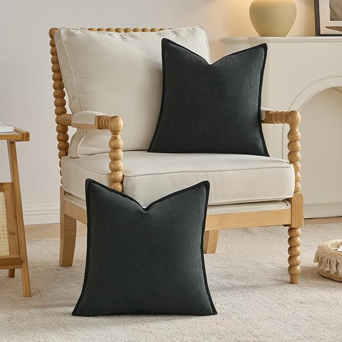 FUTEI Black Chenille Throw Pillow Covers 22x22 Inch Set of 2,Edges Double-Stitched Cushion Cases,Modern Home Decor for Couch Living Room