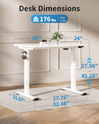 Okin Small Electric Standing Desk, 40" x 24" Whole Piece Height Adjustable White Sit to Stand Desk Computer Workstation for Home Office