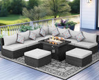 NICESOUL 10 Piece Modern Outdoor Patio Furniture Set with Firepit Natural Gas Propane Convertible, 29.3'' High Back Extra Large Size Wicker Conversation, Deep Wide Comfortable Couch for Outside, Grey