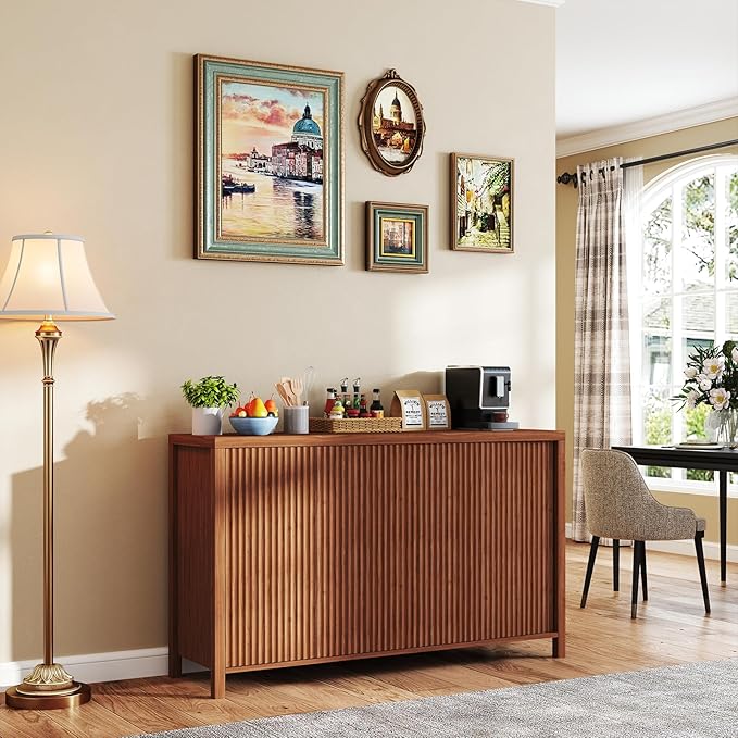 YOUDENOVA Fluted Buffet Cabinet with Storage, Modern Sideboard Cabinets with 4 Doors & Adjustable Shelves, Accent 56” Credenza Storage Cabinet, Wood Entryway Cabinet for Living Room Hallway, Brown