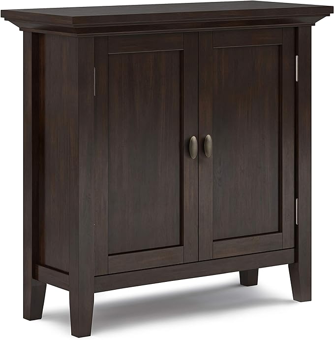 SIMPLIHOME Redmond SOLID WOOD 32 inch Wide Transitional Low Storage Cabinet in Brunette Brown for the Living Room, Entryway and Family Room