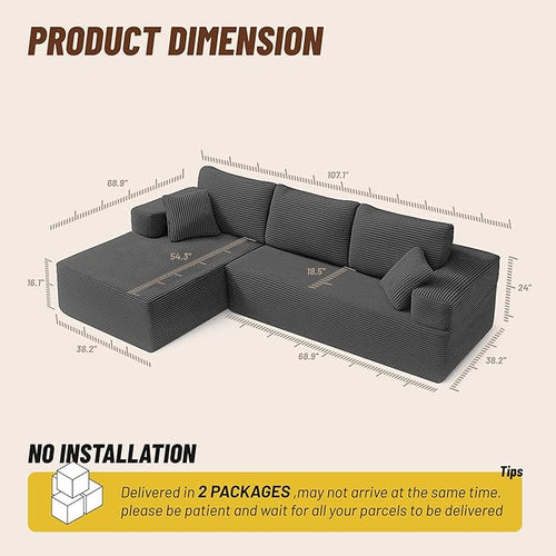 107" Boneless Couch with Deep Seat, Modular Sectional Sofa, Cloud Sectional Couch for Living Room, No Assembly Required, Corduroy, L-Shape Left，Grey