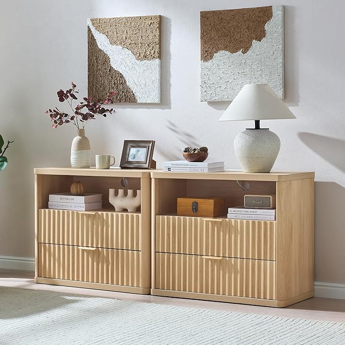 LEYAOYAO 31" Wide Fluted Nightstand with Charging Station, Oversized Extra Large 2 Drawers Night Stand,Natural Wood Bedside Table,Tall Bed Side End Tables,Modern Chest of Drawers Dressers for Bedroom