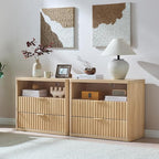 LEYAOYAO 31" Wide Fluted Nightstand with Charging Station, Oversized Extra Large 2 Drawers Night Stand,Natural Wood Bedside Table,Tall Bed Side End Tables,Modern Chest of Drawers Dressers for Bedroom