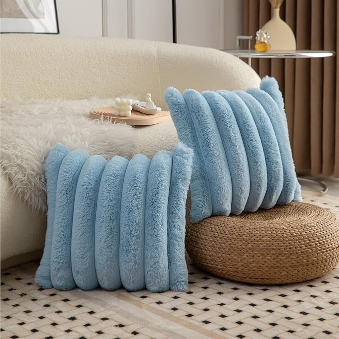 Neelvin Blue Faux Fur Cozy Soft Striped Decorative Throw Pillow Covers 22x22 inch Set of 2,Velvet Pillowcase Cushion Case for Sofa Couch