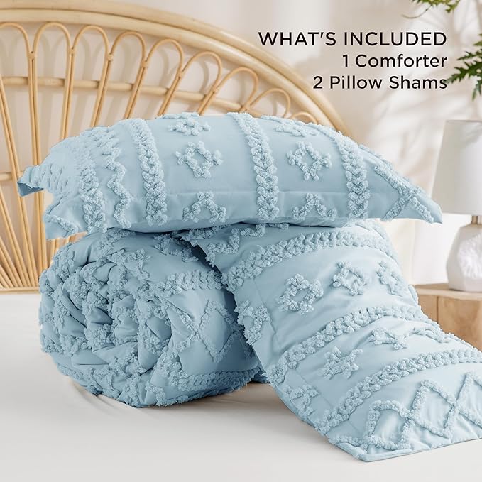 Bedsure Tufted Boho Comforter Set Full Size - Light Blue Boho Bed Set, GentleSoft™ 3 Pieces Farmhouse Shabby Chic Embroidery Bedding, Gifts for Woman, Soft Jacquard Full Comforter for All Seasons