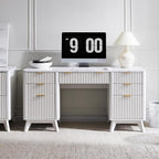 T4TREAM Fluted Executive Desk with Drawers, 60" Modern Home Office Computer Desk with Charging Station, File Cabinet, Keyboard Tray and Storage Cabinet for Study, Living Room, Bedroom, Solid White