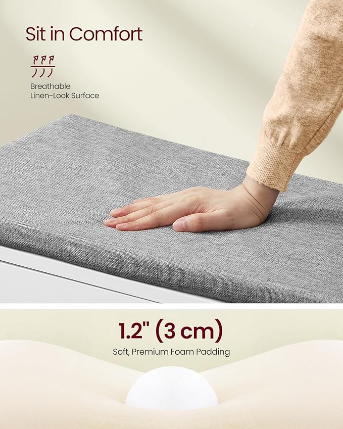VASAGLE Shoe Storage Bench with Cushion, 3-Tier Entryway Bench with Padded Seat, Doors, Adjustable Shelves, 14 x 39.8 x 20.7 Inches, for Hallway, Bedroom, Cloud White and Dove Gray ULSB044W01
