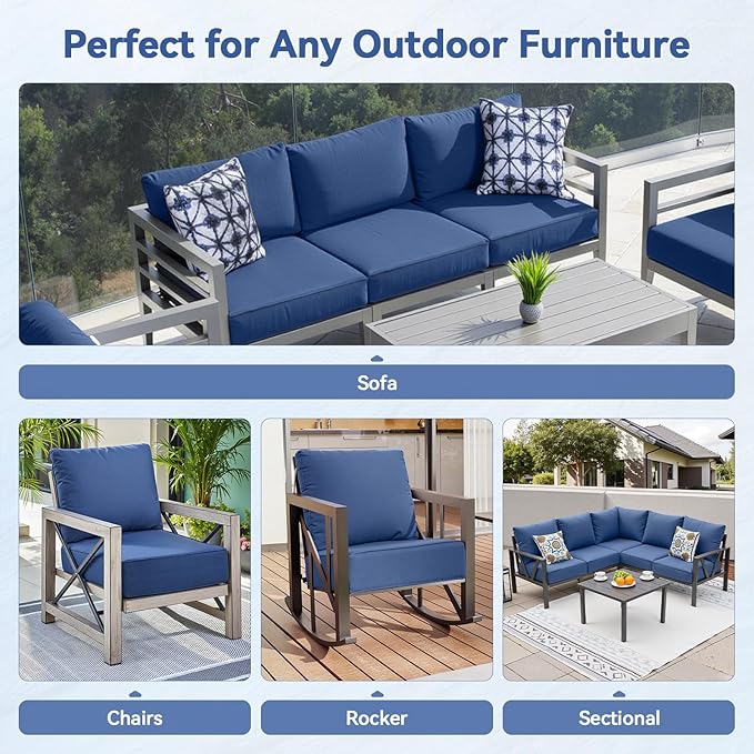 Luxury 6" Outdoor Cushions for Patio Furniture, 24x24x6 Thick Seat Cushion Set, Fade Resistant Couch Chair Replacement Cushions High Density Deep Wicker Chair Cushion with Removable Cover, Blue