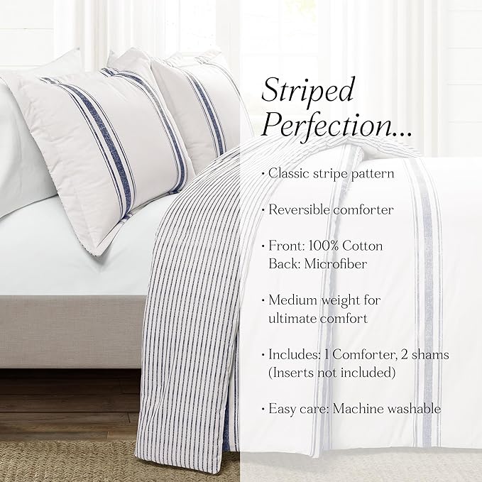 Lush Decor Farmhouse Stripe Reversible Cotton Comforter Set, 3 Piece Set, Full/ Queen, Navy - Cozy Farmhouse Bedding Set - Rustic Decor - Striped Comforter - Modern Farmhouse Bedroom Decor