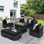 NICESOUL 7 Piece Outdoor Patio Sectional Furniture Set with Firepit Natural Gas/Propane, 29.3'' High-Back Comfy Conversations for Outside, Oversized Wide Wicker Couches, 2 Color Cushion Black & Gray