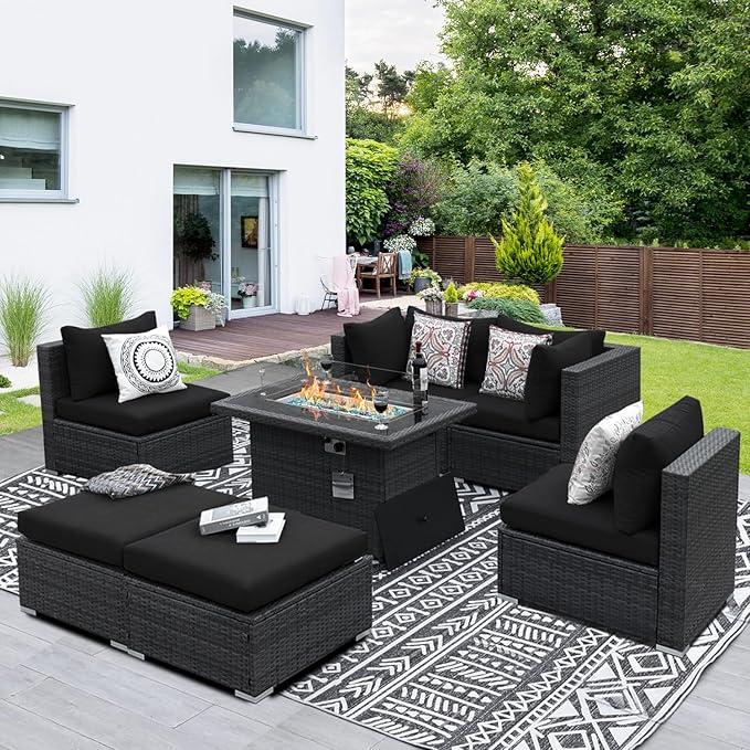 NICESOUL 7 Piece Outdoor Patio Sectional Furniture Set with Firepit Natural Gas/Propane, 29.3'' High-Back Comfy Conversations for Outside, Oversized Wide Wicker Couches, 2 Color Cushion Black & Gray