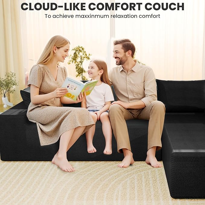 LEVELEVE 107" Cloud Sectional Couch with Deep Seat，Modern Modular Sofa with L-Shape Chaise，No Assembly Required, Upholstered Couches for Living Room Bedroom(Black,Right Facing Chaise)