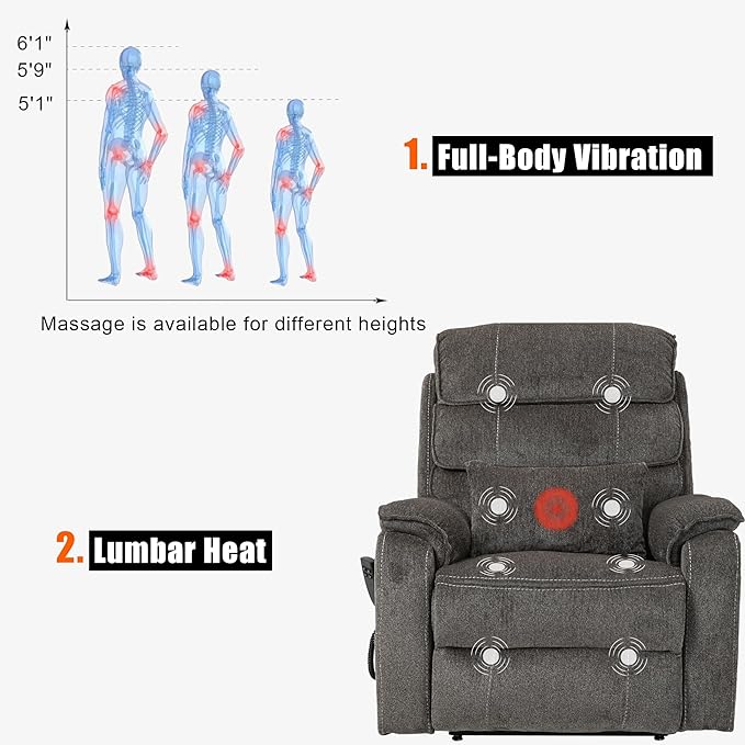 Lift Chair Lay Flat Recliner Heat Massage Dual Motor Infinite Position Power Recliners with Left Side Tray Table-Wireless Charger,Cup Holder (Dark Grey Chenille Fabric)