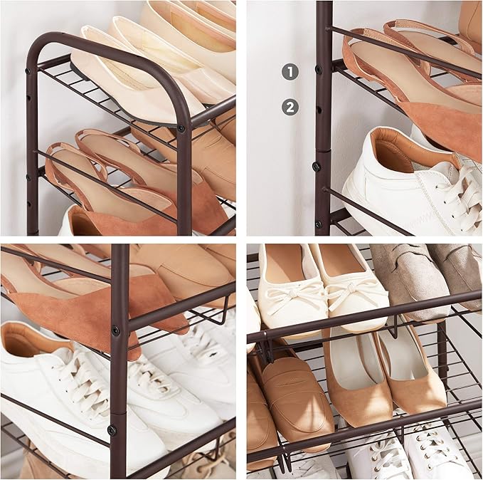 SONGMICS Shoe Rack, 3 Tier Shoe Organizer for Closet, Holds up to 12 Pairs of Shoes, Shoe Rack for Front Door Entrance, Metal Shoe Shelf with Adjustable Tilt Angle, for Entryway, Garage, Bronze