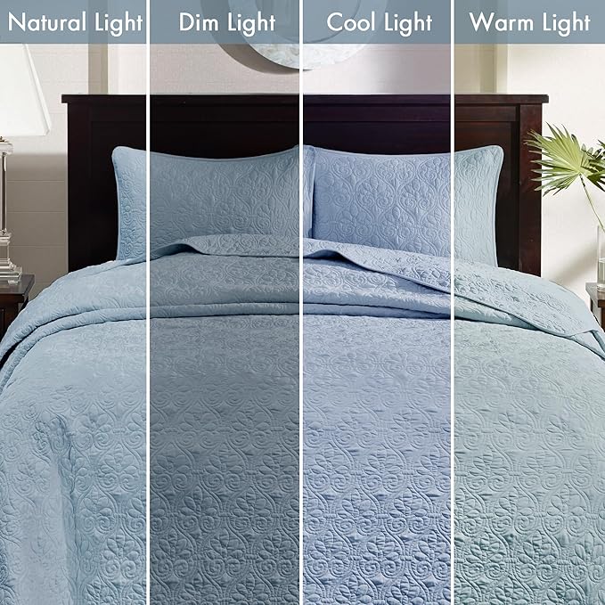 Madison Park Quebec Reversible Quilt Set Damask Design, Double Sided Stitching All Season, Lightweight Bedspread Bedding Set, Matching Sham, Blue, King(120"x118") 3 Piece